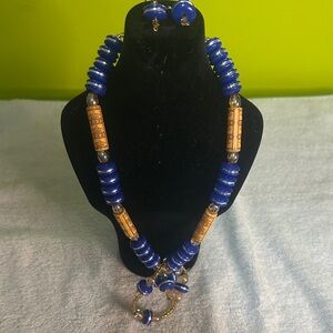 Blue and Gold Beaded Necklace Set
